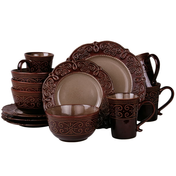 Elama Round Stoneware Dark Contemporary Dinnerware Dish Set Metallic Black with Brown Accents 16 Piece Elama Round Stoneware Dark Contemporary Dinnerware Dish Set Metallic Black with Brown Accents 16 Piece